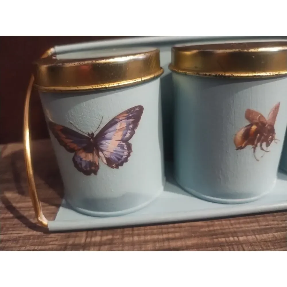 5 Small Tin Kitchen Canisters Lids Blue Bug Butterfly 3